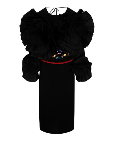 Pre-owned Gucci Women's  Pleated Flower Long Sleeve Dress In Black