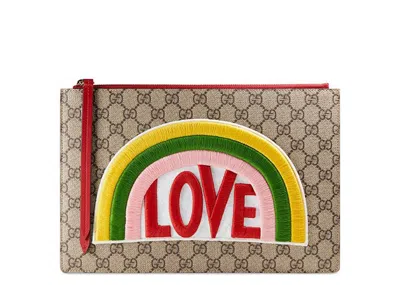 Pre-owned Gucci Women's  Pouch Gg Supreme Rainbow In Beige/hibiscus Red
