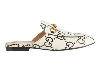 Pre-owned Gucci Women's  Princetown Slipper White Gg Debossed Leather Sneakers In Beige/black/gold In Multi