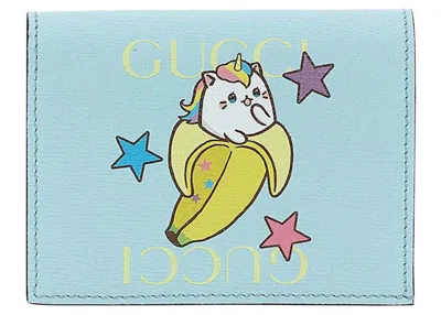 Pre-owned Gucci Women's  Rainbow And Stars Banana Print Card Case In Blue