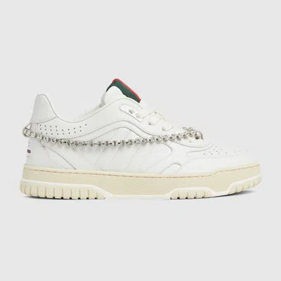 Gucci Re-web Grosgrain-trimmed Crystal-embellished Leather Sneakers In White
