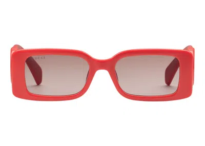 Pre-owned Gucci Women's  Rectangular Frame Sunglasses With Cutout Interlocking G In Shiny Red/gradient Brown Le