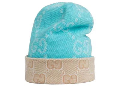Pre-owned Gucci Women's  Reversible Gg Wool Beanie In Light Blue