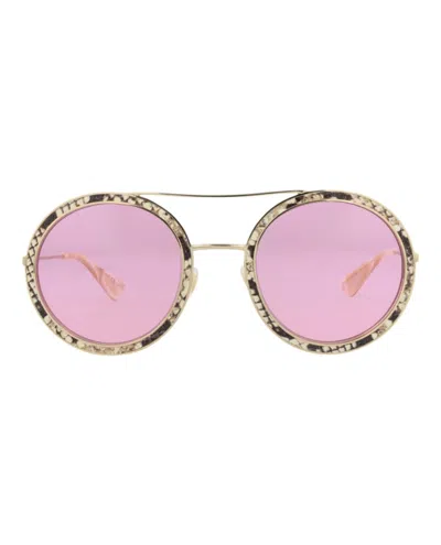 Pre-owned Gucci Women's  Roundframe Leather Sunglasses In Ivory Gold Pink (gg0061slea/30010513/001) In Multi