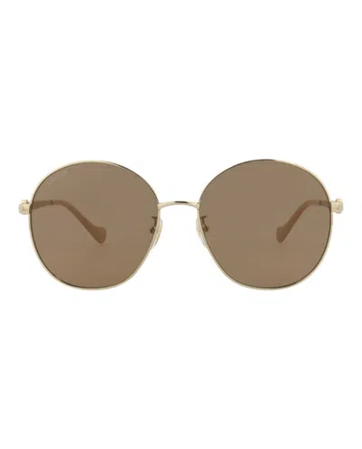 Pre-owned Gucci Women's  Roundframe Metal Sunglasses/30012970003) In Gold/brown (gg1090sa