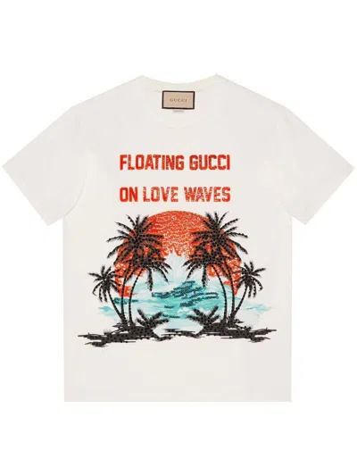 Pre-owned Gucci Women's  Sequinned Sloganprint T-shirt In White