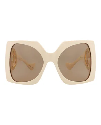 Pre-owned Gucci Women's  Shieldframe Recycled Acetate Sunglasses In Ivory White Brown (gg1255s/30013833/002)