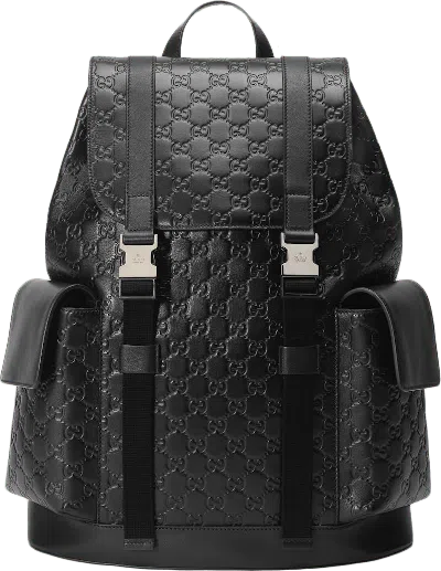 Pre-owned Gucci Women's  Signature Backpack Monogram Gg Debossed Black In Multi