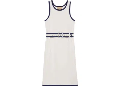 Pre-owned Gucci Women's  Sleeveless Belted Dress In White/navy Blue In Multi