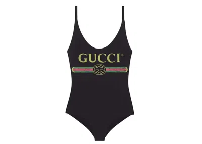 Pre-owned Gucci Women's  Sparkling  Logo Onepiece Swimsuit In Black