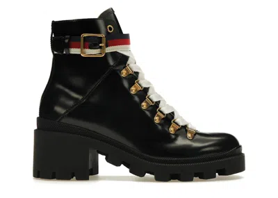Pre-owned Gucci Women's  Sylvie Web 55mm Ankle Boot Leather Sneakers In Black/white/red