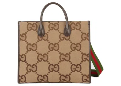 Pre-owned Gucci Women's  Tote Bag With Jumbo Gg In Camel/ebony