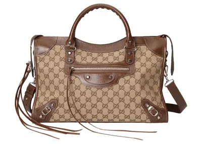 Pre-owned Gucci Women's  X Balenciaga The Hacker Project Medium Neo Classic Bag Variation 1 In Beige/ebony