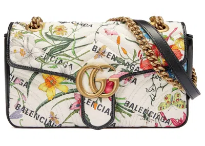 Pre-owned Gucci Women's  X Balenciaga The Hacker Project Small Gg Marmont Bag In White Flora
