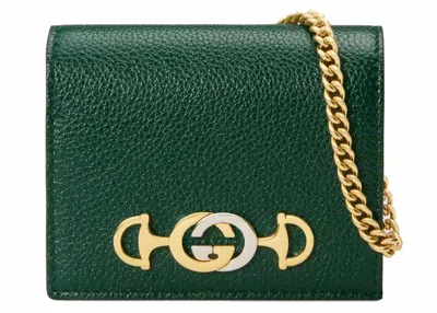 Pre-owned Gucci Women's  Zumi Card Case Wallet Grainy Leather In Dark Green