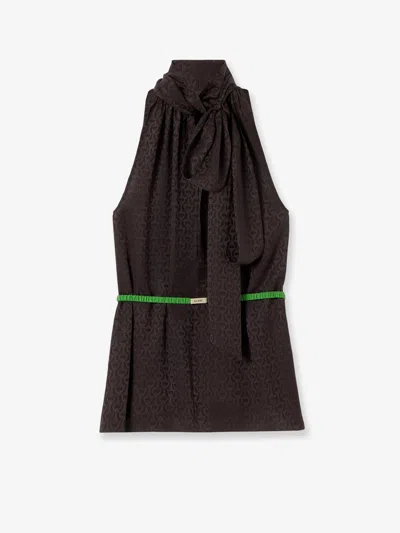 Gucci Women Horsebit Jacquard Silk Sleeveless Shirt In Brown