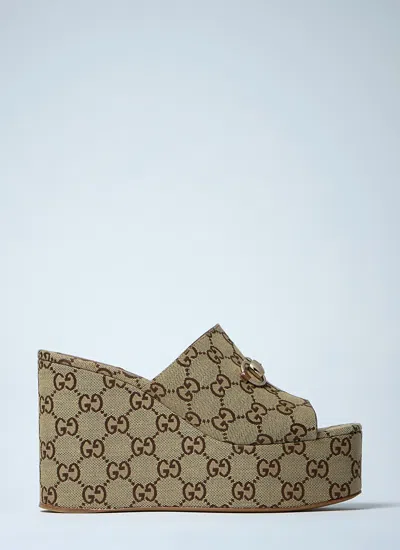 Gucci Women Horsebit Wedge Sandals In White