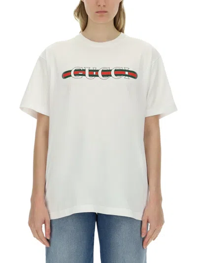Gucci Women White Crewneck T-shirt Wth Web Print With Logo Lettering On The Front In Cotton Woman