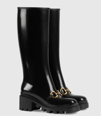 Pre-owned Gucci Women's Knee-high Boot With Horsebit In Black Rubber Sz 35
