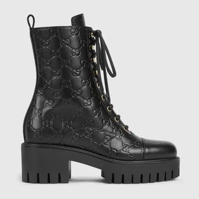 Gucci Women's Lace-up Ankle Boot With Gg In Black