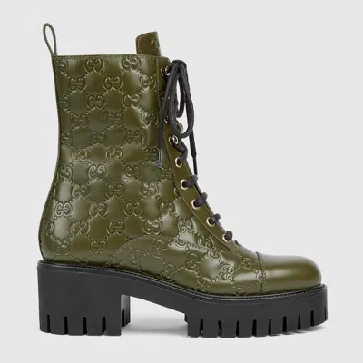 Gucci Women's Lace-up Ankle Boot With Gg In Green