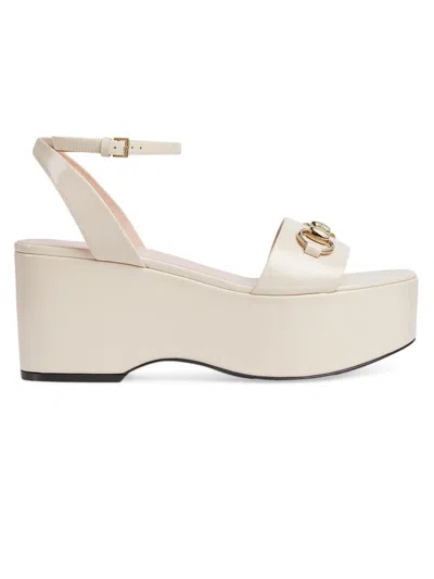 Gucci Women's Lady Horsebit 75mm Leather Platform Sandals In White