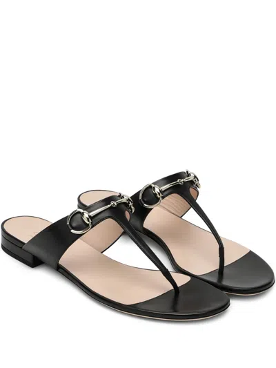 Gucci Women Lady Horsebit Leather Thong Sandals In Black