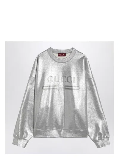 GUCCI WOMEN'S LAMINATED COTTON SILVER SWEATSHIRT WITH LOGO