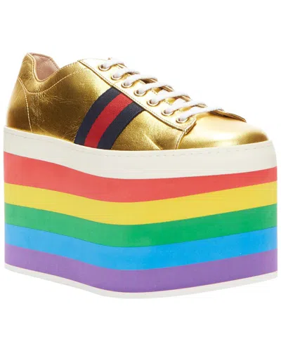 Pre-owned Gucci Women's Leather Alessandro Michele Peggy Rainbow Web Platform Sneaker  (authentic Pre-loved)