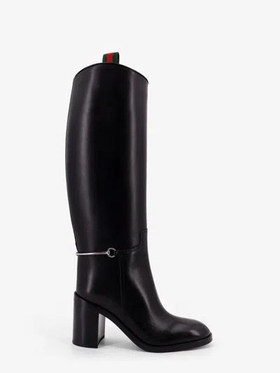 Gucci Women Leather Boots With Slim Horsebit Detail In Black