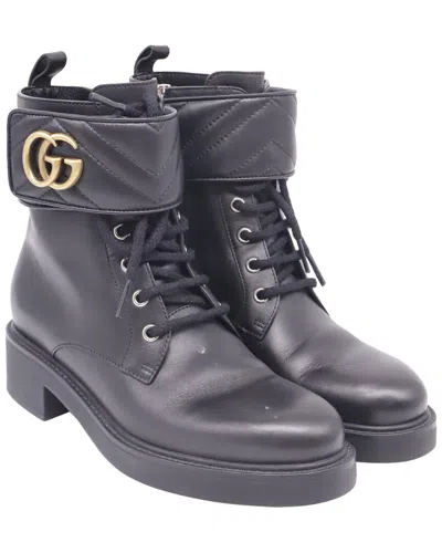 Pre-owned Gucci Women's Leather Double G-plaque Combat Boot (authentic Pre-loved) In Black