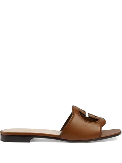 Gucci Interlocking G Cutout Leather Sandal In Brown