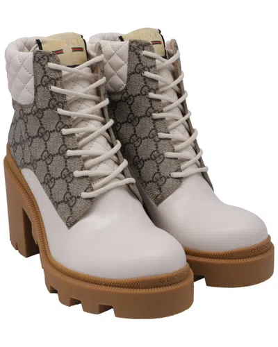 Gucci Women's Leather Gg Quilted Platform Gg Canvas Lug Sole Ankle Boot  (authentic Pre-loved) In White
