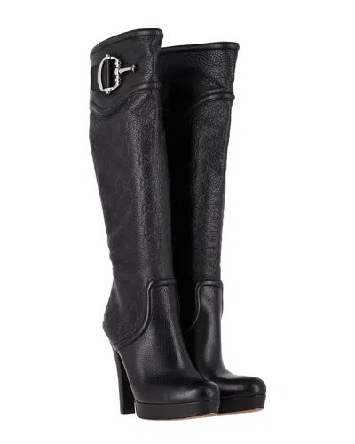 Gucci Women's Leather Ssima Platform Knee-high Boot (authentic Pre-loved) In Black