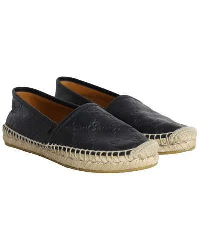 Pre-owned Gucci Women's Leather Ssima Signature Espadrille Flat (authentic Pre-loved) In Black