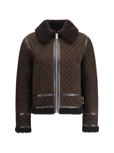 Gucci Women Leather Jacket With Gg Motif In Brown