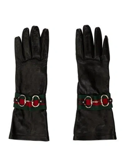 Pre-owned Gucci Women's Leather Long Gloves In Black