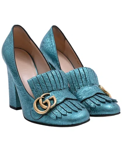 Gucci Women's Leather Mimosa Marmont Heel Loafer (authentic Pre-loved) In Blue