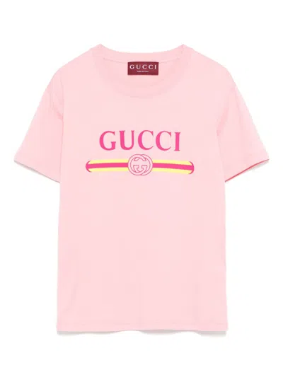 Gucci Women Pink Crewneck T-shirt With Logo Print On The Front In Cotton Woman