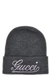 Gucci Wool Beanie With Front Embroidered Logo In Pastel Purple In Gray