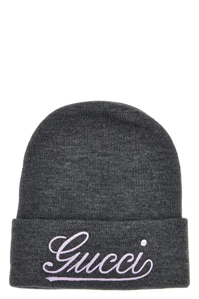 Gucci Logo Embroidery Beanie In Gray