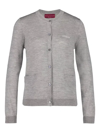 Gucci Grey Cardigan With Round Neck And Logo Lettering Embroidery On The Front In Cashmere And Silk Woman In Gray