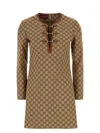 Gucci Beige Crewneck Mini Dress With Horsebit On The Front In Gg Canvas Woman