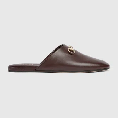 Gucci Annette Leather Flat Mules In Brown