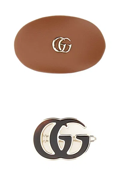 Gucci Women Multicolor Leather And Metal Hair Clips Set In Brown
