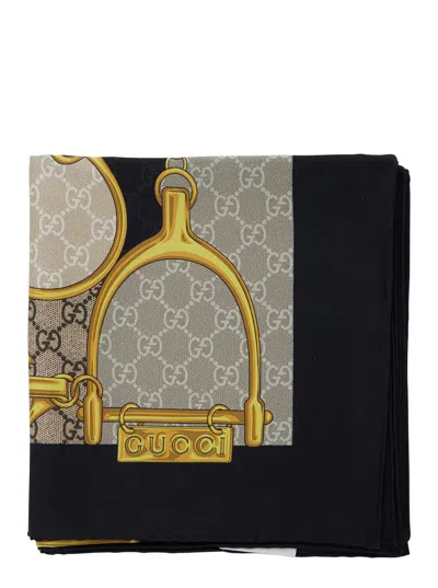 Gucci Women Multicolor Square Scarf With Horsebit Print In Silk Woman In Black