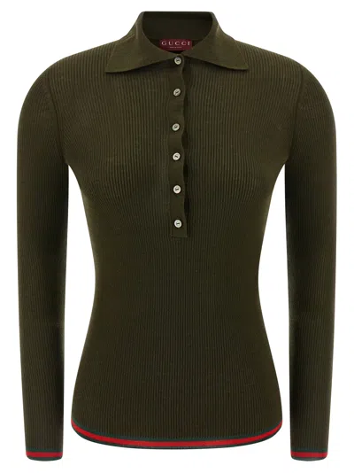 Gucci Ribbed Knit Ls Polo Top In Green