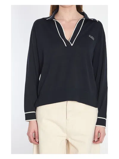 GUCCI WOMEN'S NAVY POLO SHIRT WITH INTARSIA LOGO