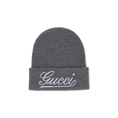 Gucci Wool Beanie With Front Embroidered Logo In Pastel Purple In Gray