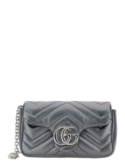 Gucci Women 'ophidia' Metallic Mini Bag With Chain-link Shoulder Strap And Gg Plaque On The Front In In Silver